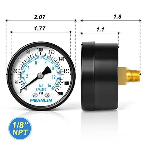 Meanlin Measure 0-200Psi 2" Dial Face 1/8"Npt Well Pump Pressure Gauge With 1/8" X 1/4" Npt And 1/8" X 3/8" Npt Hex Bushing, 3-2-3% Accuracy，Center Back Mount #TOP1