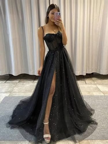 Wchecalino Glitter Tulle Prom Dresses Long 2025 Spaghetti Straps Sweetheart 3D Flowers Evening Party Gowns with Slit - Image 3
