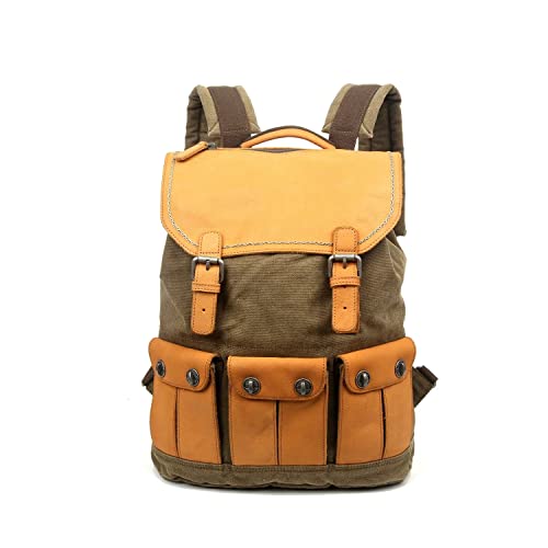 Sac à dos en coton et en cuir marron avec poches avant rétro de 15x18x5cm