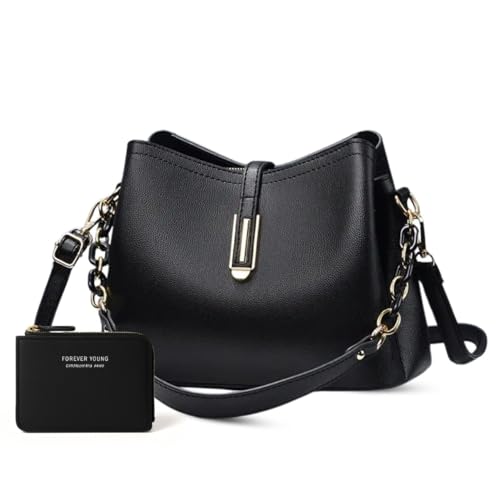 Bolsa Feminina Couro Plutônio Bolsa de Ombro Mão Transversal para Uso Diário Luxo Bolsa de Mão Multicamadas Tamanho Médio Moderna (Preto + Carteira)