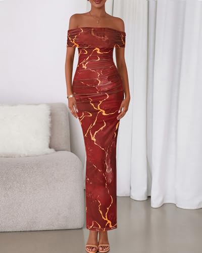 Image of BTFBM Cocktail Dresses for Women 2026 Elegant Classy Off Shoulder Bodycon Mesh Slit Floral Maxi Spring Summer Dress