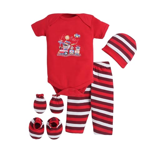 Image of EIO Newborn Baby Cotton Romper Set - Onesie Bodysuit, Cap, Pants & Booties with Mittens | Unisex Baby Clothing Combo for Boys & Girls