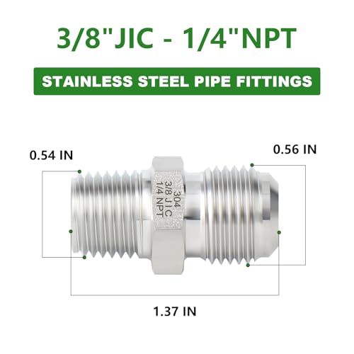 Image of TAISHER 2PCS Forging of 304 Stainless Steel JIC Flare Tube Fitting, 3 /8 inch JIC Male x 1 /4 inch NPT Male, Half Union
