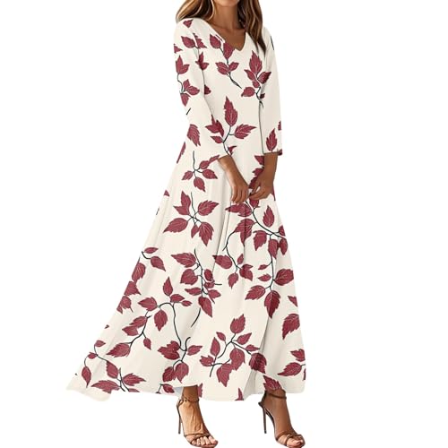 Generisch Herbstkleid Damen Lang Maxikleid 3/4 Ärmel Boho Kleid V-Ausschnitt Tunika Kleid mit Tasche Blumenkleid Elegant Kleider Herbst Schickes...
