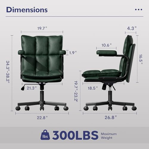 Image of Ollega Mid Century Modern Desk Chair, Vintage Leather Office Chair, Green | Petite Computer Chair for Small to Medium Women, Thickened Back, Cozy Seat, Adjustable Height for Home