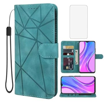 Wanyuexes Capa para Redmi 9/Redmi 9 Prime/Poco M2/Poco M2 Reloaded Capa carteira com protetor de tela de vidro temperado, capa flip de couro com suporte para cartão de crédito para Xiaomi Redmi 9