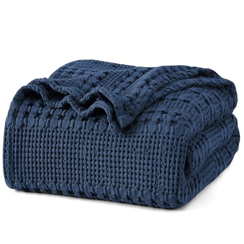 Image of PHF 100% Cotton Waffle Blanket Queen Size for Bed, Lightweight Breathable and Soft for Summer, Luxury Aesthetic Waffle Weave Blanket for Home Decor & Gifts for Women, 90 inchx90 inch, Blue Sapphire