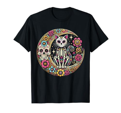 Cat Moon Dia De Los Muertos Day Of The Dead Sugar Skull T-Shirt