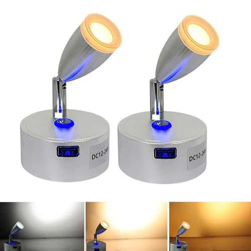 Intckwan 12V Led Lámparas Caravana, 12V Lectura Lámpara Cama, 3 Temperaturas de Color, 3w, Interruptor Táctil Dimmer, 12V Led Foco, Luces Led para Coche Camión Caravana Camping Barco(2 Piezas)