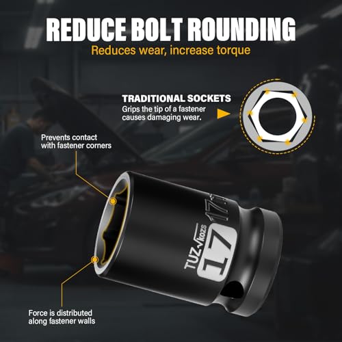 Image of 1 /2 Inch Drive 17mm Shallow Metric Impact Socket,CR-MO,6 Point Radius Corner Design,Square Chamfered Opening,Axle Nut Impact Grade Socket for Easy Removal