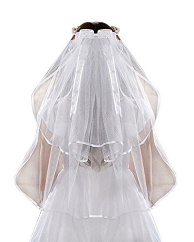 Girls First Communion White Satin and Tulle Veil with Faux Pearl Tiara, 26 Inch2
