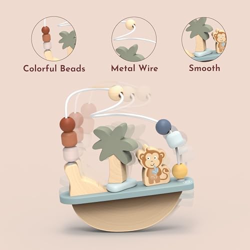 Image of Speedy Monkey Rocking Beads Maze - Soft Colored Wooden Monkey Bead Maze, Gently Rocks and Twists, 7 Beads for Dexterity and Coordination, Non-Toxic Paint, Ideal for Kids 1-3 Years, Educational Toy | 7 beads, monkey rocker frame, baby bead maze, dexterity sensory play, non-toxic paint finish, fine motor learning, creative