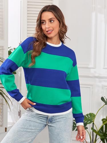 ZAFUL Women's Crewneck Sweaters Striped Colorblock Casual Pullover 2024 Fall Ribbed Knit Tops3