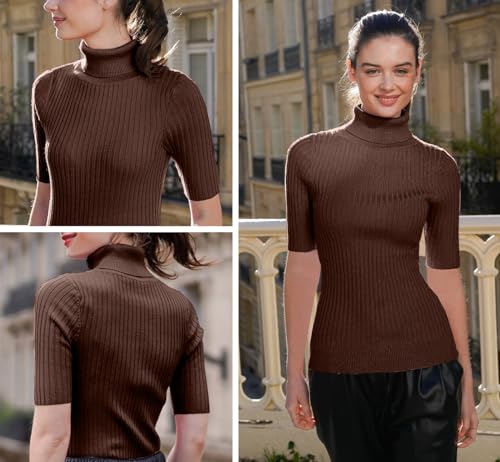 Image of v28 Women Turtleneck 1 /2 Half Sleeve Highly Stretchy Ribbed Knit Fitted Sweater