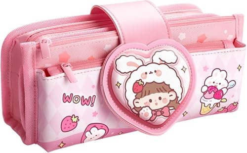 Image of Invite Canvas Kawaii Pencil Case 3 Compartment Cute Aesthetic Pencil Case for Girls Large Capacity Pen Pencil Pouch Multifunctional Stationery Organizer for School Office Kids (Heart Shape-Pink)