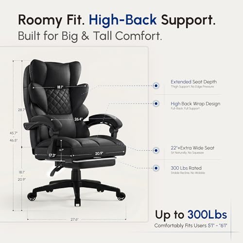 Image of Dowinx Big and Tall Office Chair with Pocket Spring Cushion,High Back Computer Gaming Chairs with Linkage Armrests,Executive Desk Chairs with Footrest,Cloth-Black