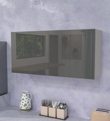 Image of SPECIALITY PANELS 4 Door Mirror Glossy Triple Layered UV Resistant Handless Cabinet Wall Mounted Storage Unit Space Saving Durable Cupboard for Kitchen Bathroom Living Room Utility Organizer