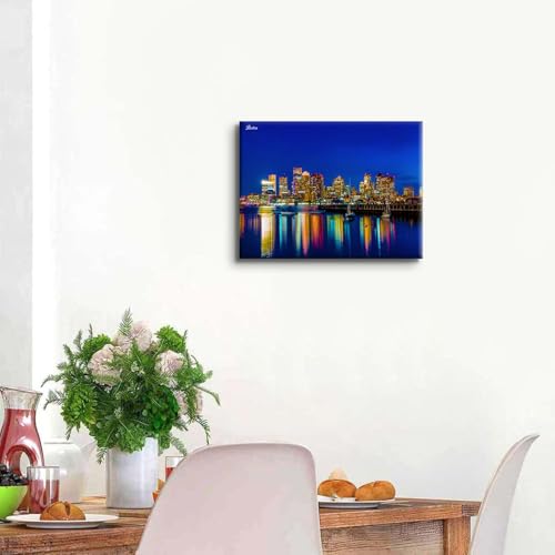 Image of Boston Wall Art Colorful City Night View Picture Photo Prints Study Office Wall Decor USA Cityscape Buildings Canvas Painting Nature Skyscraper Poster Artwork for Living Room Home Decorations 12x16 inch