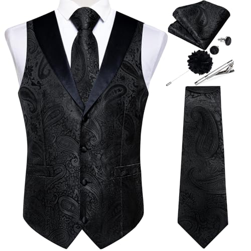 Image of DiBanGu Mens Paisley Suit Vest Silk Jacquard Waistcoat and Necktie Set Formal Shawl Collar Dress Vest 7PCS for Wedding Party