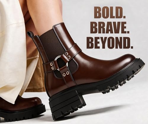Image of LOUIS STITCH Women's High Ankle Boots| Round Buckle with Straps Slip-On Boots | Casual Slip-On Long Boots for Women | Casual & Formal Outings | LSLD-CLBT-RBTS