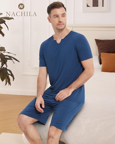 NACHILA Pajamas for Men Pj Short Sleeve Sleepwear with Shorts V Neck Loungewear Cool Pajama,Viscose Made from Bamboo2
