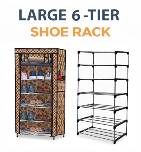 Image of Metal Shoe Stand with Cover, 6 Tier Shoe Organizer for Home & Office - Flower Print