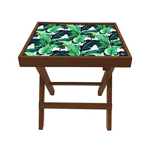 Image of Nutcase Designer Teak Wood Side Table Folding Wooden Bedside Coffee Outdoor Picnic Table - Martinique Banana Leaf