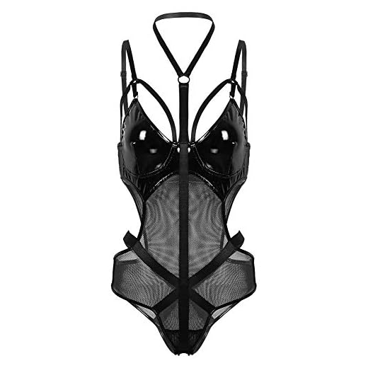 Crubelon Women’s Wet Look Lingerie Leather Bodysuit Mesh Patchwork Halter Neck High Cut Leotard Bodysuit Clubwear (Black, M)