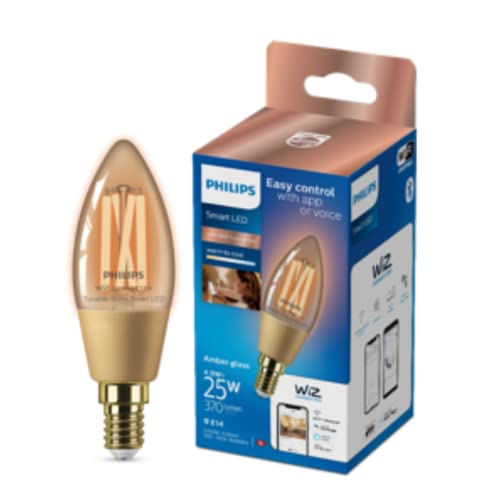 PHILIPS Smart 4.9W (Eq.25W) Filament Amber Glass Candle LED Bulb | Wiz Connected Decorative WiFi + Bluetooth for Home & Decoration | Color: Tunable White, Base: E14