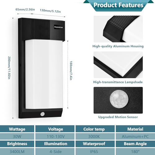 GeyouLux Outdoor Wall Light with Motion Sensor, 30W 3400LM, 3000K, IP65