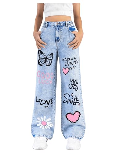 Girl's Y2k Graphic Jeans Butterfly Print Jeans Elastic High Waisted Straight Leg Denim Pants