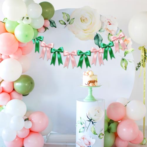 Image of 1 String of 8PCS Pink&Green Bow Garland Banner Wicked Party Decoration,Pre-Strung Satin Ribbon Ornaments for Birthday,Bachelorette Party,Wedding,Engagement,Baby Shower,Graduation Decor,Anniversary