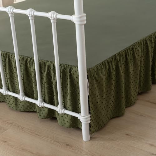 Tufted Dot Bed Skirt King Size Ruffled Bed Skirt with Split Corners, 18 Inch Drop Dust Ruffle Bed Skirts with Platform, Olive Green