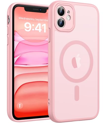 FNTCASE for iPhone 11 Case: [Compatible with Magsafe] Translucent Matte Magnetic Cases [Full Camera Protection] Military Grade Shockproof Protective Phone Cover - Light Pink