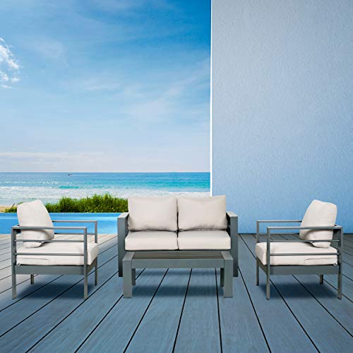 Scurrty Outdoor Patio Furniture Sets Clearance Aluminum Patio Furniture Sectional Sofa Metal Grey Conversation Set with Grey Cushions Outdoor Furniture Sets Clearance Outdoor Sofa Set (Light Grey)