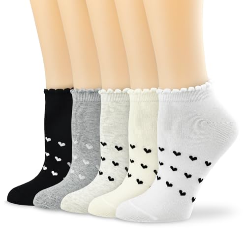 VIBCICY Ruffle Ankle Socks, Cool Knit Cotton for Summer Love pattern,Breathable Cute Frilly Casual Socks 5 Packs
