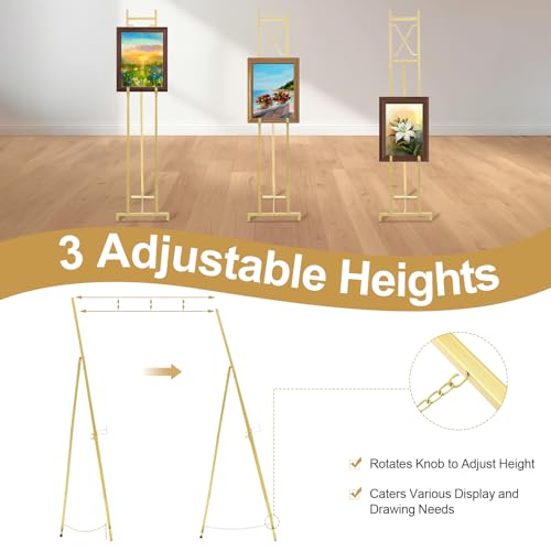Feifeiya 1 Pack Gold Easel Stand for Sign, 53\'\' H Metal Display Easel Heavy Duty Large Poster Stand for Art Painting Wedding Display Home Poster Photo Mirror, with Chain Support Structure