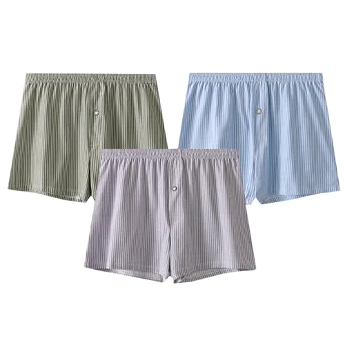 Mens Cotton Boxers Underwear Loose Fit Stripes Mid Rise Comfy Sleepwear Trunk 3 Pack Lounge Button Comfortable Briefs