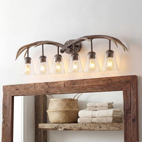 Image of JONATHAN Y 45 inch Brown Wood Finish 6-Light Resin Antlers Vanity Light Wall Sconce Rustic Farmhouse for Living Room Bathroom with Clear Seeded Glass Shades LED Bulbs Included JYL6317A