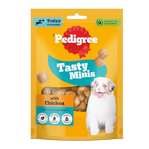 Image of Pedigree Tasty Minis Puppy (4+ Months) Dog Treats, Chicken Flavour, 125 g, Contains Omega 3, Vitamin E & Calcium, Supports Strong Bones & Teeth