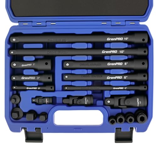 GRENPRO Impact Socket Extension Set 19-Piece 50BV30, Socket Extension Bar, Swivel Universal Joints and Impact Coupler, Ratchet Extensions Set, 1/2
