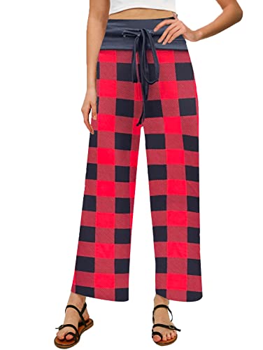 Newcosplay Women's Comfy Pajama Pants Floral Print Drawstring Palazzo Lounge Wide Leg Pants (Red/Black-Plaid, 3X-Large) #TOP3