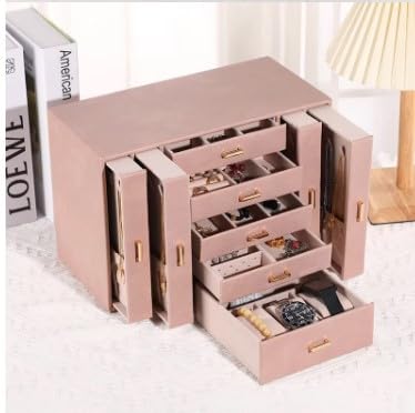 Image of KRISHYAM Large Jewelry Box for Women Jewelry Organizer Case with 9 Drawers for Necklaces Earrings Rings Gift Jewelry Storage Space Saving (Pink)