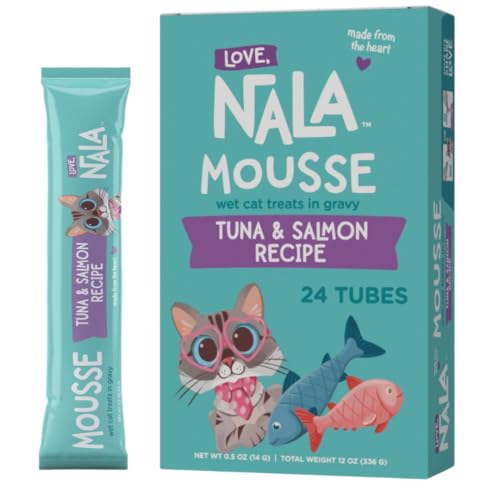 LOVE, NALA Lickable Cat Treats – Grain-Free Squeeze Up Mousse Puree for Cats – Natural, Tasty Wet Cat Treats – Tuna & Salmon Flavor – 24-Pack