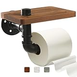 Helntova Industrial Pipe Wall Mounted Toilet Paper Holder with Shelf - Rustic Wood and Metal Bathroom Tissue Roll Holder, Farmhouse Decor for Bathroom-Brown