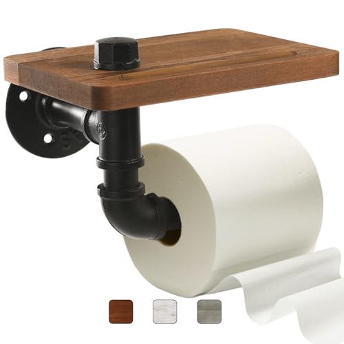 Helntova Industrial Pipe Wall Mounted Toilet Paper Holder with Shelf - Rustic Wood and Metal Bathroom Tissue Roll Holder, Farmhouse Decor for Bathroom-Brown