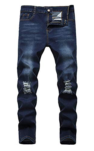 Calça jeans rasgada skinny desgastada destruída slim fit para meninos, Dark Blue, 8 Slim