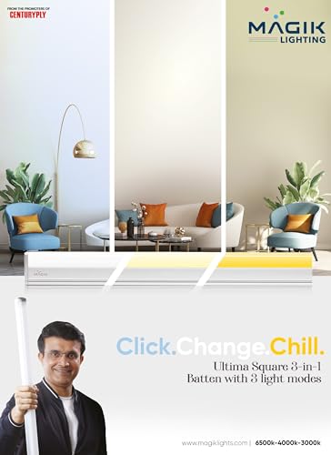 Image of MAGIK Ultima Square 20W 3-in-1 LED Batten | Cool White, Warm White & Natural White Modes | Energy Efficient Linear Tube Light for Home & Office | Sleek Design | Long Life | Pack of 1