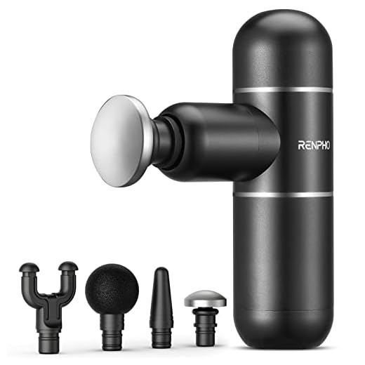 Pistolet de Massage Musculaire, RENPHO Mini Massage Gun de Muscle Profonds pour la Relaxation et la Récupération Musculaire, Super Silencieux avec 4 Têtes de Massage (Noir)