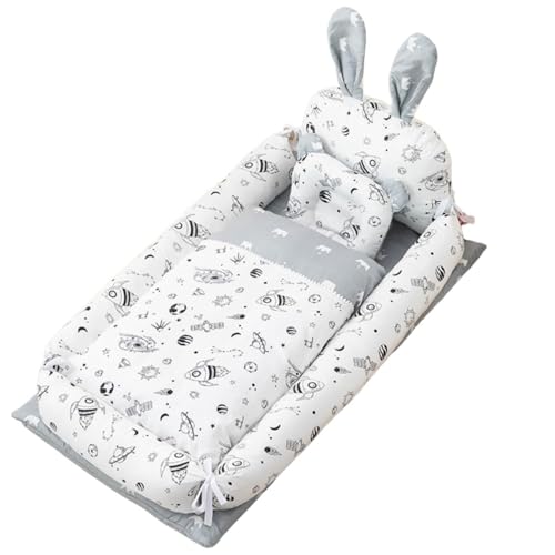 Vilom ベビーベッド 添い寝 新生児用 枕付き ベッドインベッド 簡易 携帯型ベビーベッド ウサギ耳デザイン かわいい ベビー布団 通気性 取り外し&洗濯可能 0〜8ヶ月 出産祝い ギフト用 赤ちゃん用安心ベッド (ホワイト)